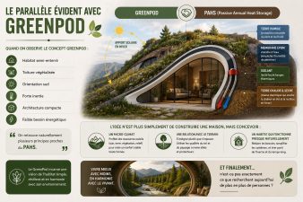 Infographie montrant les liens entre GreenPod et le système PAHS avec maison enterrée végétalisée, membrane EPDM et stockage thermique naturel