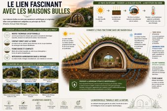 Infographie expliquant le lien entre les maisons bulles végétalisées et le système PAHS de John Hait avec schéma thermique, membrane EPDM et stockage de chaleur dans le sol.