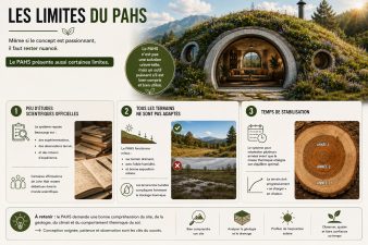 Infographie expliquant les limites du système PAHS de John Hait avec maison enterrée végétalisée et contraintes liées au terrain, au climat et au temps de stabilisation