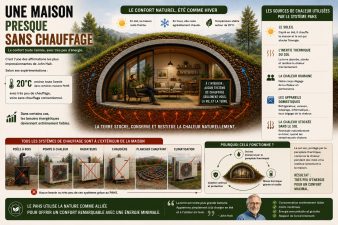 Infographie montrant une maison enterrée bioclimatique utilisant le système PAHS de John Hait avec très peu de chauffage et sans systèmes classiques comme radiateurs ou pompe à chaleur.