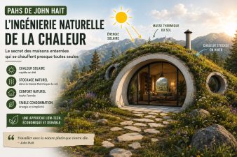 Maison enterrée végétalisée inspirée du PAHS de John Hait utilisant la masse thermique du sol pour chauffer naturellement l’habitat
