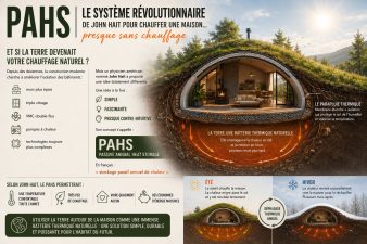 Infographie expliquant le système PAHS de John Hait avec une maison semi-enterrée utilisant la terre comme batterie thermique naturelle pour chauffer l’habitat presque sans chauffage.