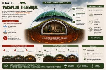 Infographie expliquant le parapluie thermique du système PAHS de John Hait avec membrane étanche, isolation et maison enterrée protégée de la pluie.