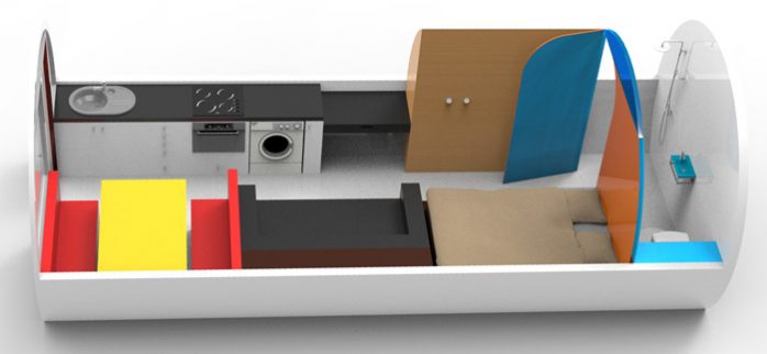 l'image présente le plan en coupe du concept GreenPod réalise avec le logiciel Sketchup par mon ami Marc Simmonet, on y voit clairement les différentes pièces de la maison, a gauche la table de salle a manger est jaune et les banquettes en face a face sont rouges, en face il y a la cuisine avec l'évier, la cuisinière avec four et la machine a laver, puis au centre le canapé avec un coin bureau juste en face ou pour poser une télévision, vient ensuite à droite le lit en couleur beige et son placard dressing juste en face, et enfin tout à droite le coin salle d'eau avec sa douche et son wc