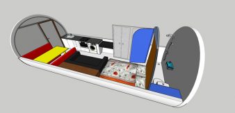 l'image devant vous présente l'intérieur du concept greenpod comme si vous aviez découpé le toit, on y voit la forme tube avec le coin repas et cuisine à gauche, le salon au centre, le coin nuit avec le lit et le placard en face, et enfin la salle d'eau à droite