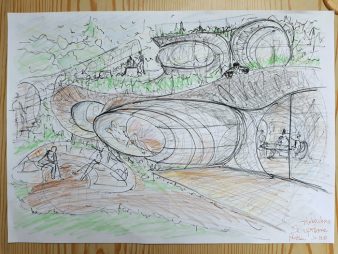 dessin de Matthieu Floury, de la maison bulle de Montgivray, intégrée dans la nature, avec un tunnel baie suspendu