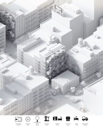 image 3D de cellules Homed sur le devant d'un immeuble de New York