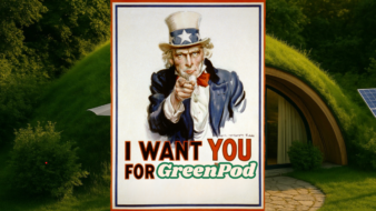 Pour cette image, j'ai repris le dessin de l'oncle Sam aux états unis avec le texte "i want you for..." et j'ai ajouté GreenPod, en laissant un fond de mini maison végétalisée. A qui je m'adresse ? qui je veux aider à construire sa maison ? i want you for greenpod.
