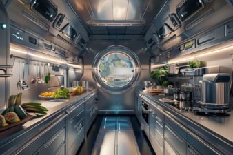 image ia d'une cuisine dans l'espace, un couloir avec deux plans de travail en inox se faisant face, et un hublot au fond donnant une vue de l'espace