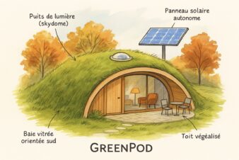 GreenPod, la mini maison bioclimatique semi-enterrée, avec sa toiture végétalisée, sa lumière naturelle, ses panneaux solaires, orientée plein sud, sans chauffage