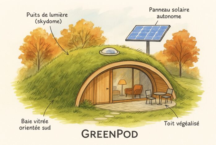GreenPod, la mini maison bioclimatique semi-enterrée, avec sa toiture végétalisée, sa lumière naturelle, ses panneaux solaires, orientée plein sud, sans chauffage