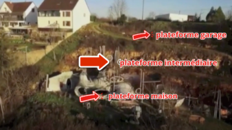 cette photo vous montre les 3 plateformes qui ont été crées au chantier de la maison bulles de Montgivray. L'accès se faisant par la rue en haut, la première plateforme est celle du garage, où il y a pour l'instant mon mobilhome. Puis en dessous, vous devez voir la seconde plateforme appelée intermédiaire, et enfin en bas il y a la plateforme où on construit la maison bulle