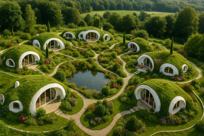 image ia d'un village greenpod, micro logements végétalisés autour d'une pièce d'eau, véritable village bioclimatique
