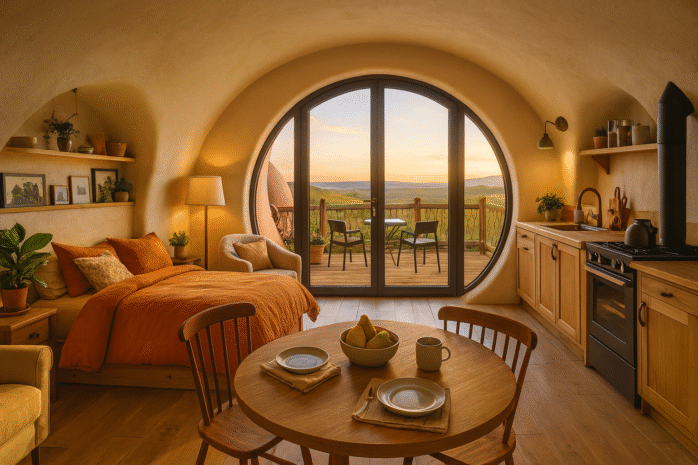 micro-logement greenpod, intérieur cocon, chambre plaid orange, fauteuil tissus, étagères murales, table ronde en bois et chaises bistrot, cuisine avec cuisinière bois, porte vitrée ronde, terrasse avec vue paysage