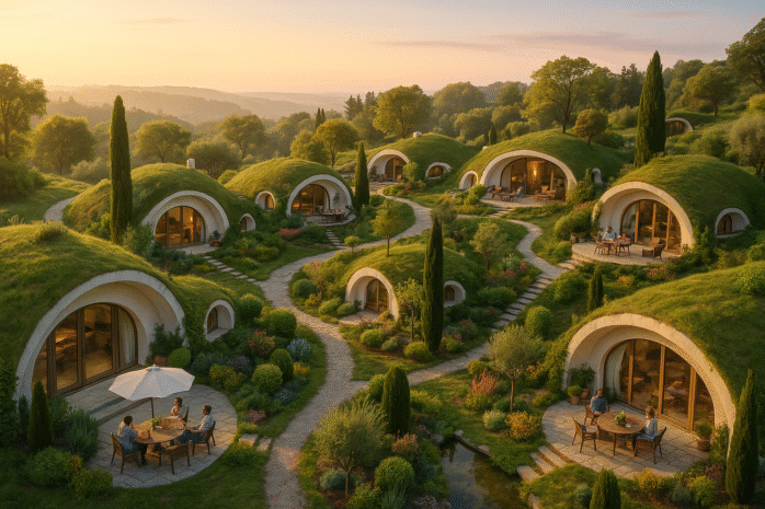 image ia, intelligence artificielle, village de micro-logements végétalisés, type maisons de hobbit contemporaines, avec des allées piétonnières, des arbres, un coucher de soleil