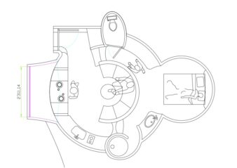 dessin maison bulle studio, plan 2 D, entrée, coin repas avec baie vue extérieure, cuisine et salon, puis quelques marches, wc séparé, mezzanine, dressing, chambre ronde, lavabo et douche