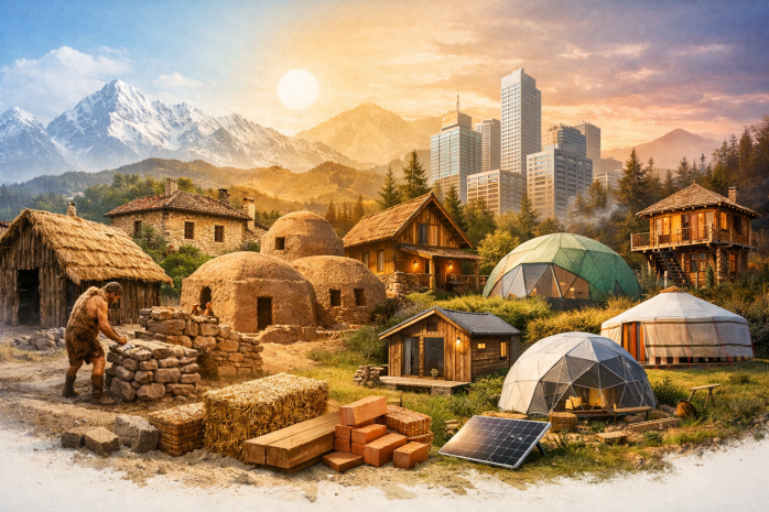 habiter c'est d'abord une question de choix. l'image présente une diversité de maisons. on y voit en fond des immeubles gratte ciels, des maisons en pierres ou en colombage et bois, des maisons domes en pierre et des maisons domes géodésiques, des maisons en bois et toit de chaume, une cabane en bois, une yourte mongole...