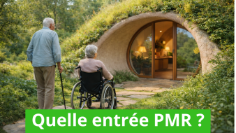 image IA montrant un couple de retraités prêts à entrer dans leur maison adaptée PMR ou personne à mobilité réduite