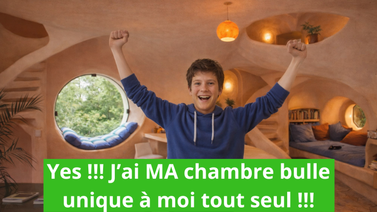 image ia avec un ado fou de joie car il vit dans son studio bulle unique, construit avec son papa, où il peut recevoir ses copains et copines, se faire à manger, être responsable