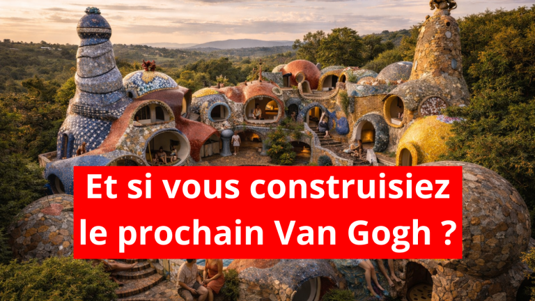 investir dans une oeuvre d'art, ici on voit une maison bulle style Antoni Gaudi, de toutes les couleurs, avec une piscine au centre, au milieu de la végétation
