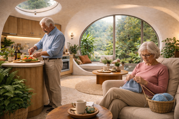 image ia d'un couple de seniors dans leur maison bulle. Monsieur est debout à la cuisine en train de préparer le repas, tandis que Madame est assise dans le canapé en train de tricoter
