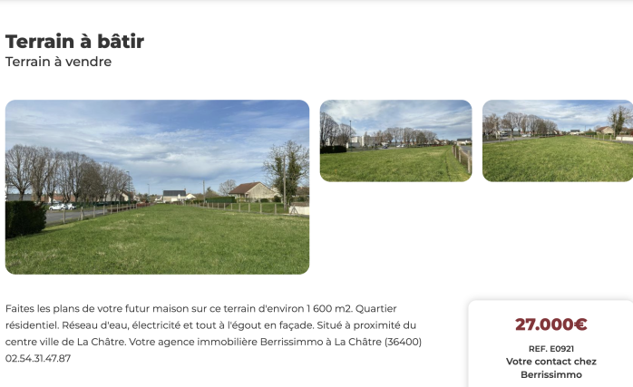 annonce d'un terrain à batir à La Chatre, en vente chez Berrissimmo, face à l'hôpital, pas intéressant car mal exposé et beaucoup trop cher