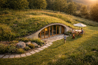 Micro-habitat bioclimatique semi-enterré avec toiture végétalisée et famille profitant du jardin au coucher du soleil