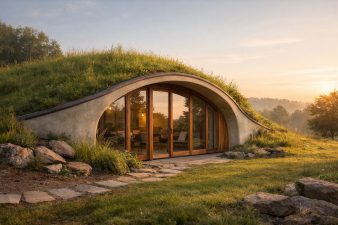 Micro-habitat bioclimatique semi-enterré avec toiture végétalisée et grande baie vitrée en bois intégré dans un paysage naturel