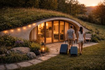 Micro-habitat bioclimatique conçu pour la location avec terrasse et ambiance chaleureuse au coucher du soleil