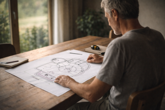 Personne consultant des plans de micro-habitat illustrant un choix stratégique et une maîtrise financière