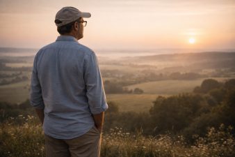 Homme face à l’horizon au lever du soleil après un 3ème AVC – moment de réflexion et décision de changer