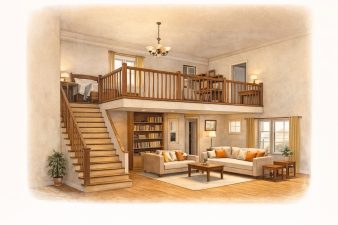 Mezzanine en bois surplombant un salon dans une maison traditionnelle à double hauteur