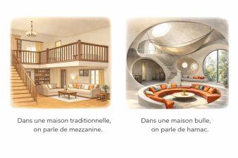 Comparaison entre une mezzanine dans une maison traditionnelle et un hamac dans une maison bulle