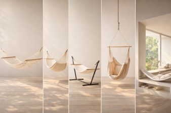 Comparaison de cinq types de hamacs modernes : filet, toile, structure autoportante, chaise hamac et hamac intégré à l’architecture