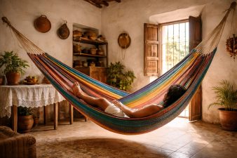 Personne se reposant dans un hamac traditionnel tissé à l’intérieur d’une maison du Yucatán au Mexique