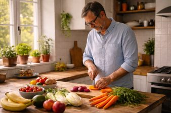 Homme préparant des légumes frais après un 3ème AVC – changement d’alimentation et mode de vie