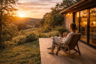 Personne profitant d’un moment calme devant une petite maison dans la nature illustrant les avantages de vivre dans un petit habitat.