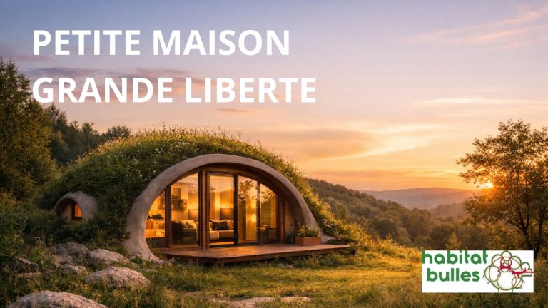 petite maison bulle semi-enterrée avec toit végétalisé intégrée dans la nature illustrant les avantages de vivre dans une petite maison