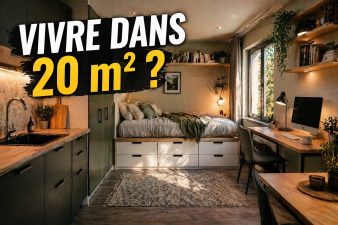 studio de 20m2 optimisé avec lit cuisine et bureau illustrant un aménagement intelligent