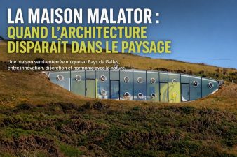 Maison Malator semi-enterrée avec façade vitrée intégrée dans le paysage naturel au Pays de Galles
