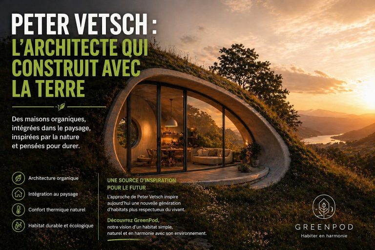 Maison organique inspirée de Peter Vetsch intégrée dans la nature avec architecture en terre et concept GreenPod