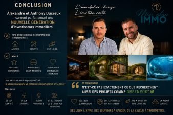 Infographie de conclusion sur Alexandre et Anthony Ducreux, le concept Mon Plan Immo et le futur de l’immobilier émotionnel avec GreenPod et habitats immersifs
