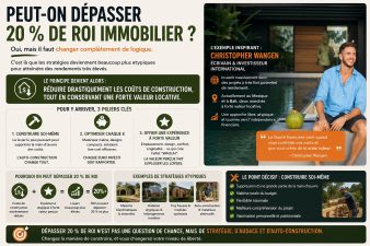 Infographie expliquant comment dépasser 20 % de ROI immobilier grâce à l’auto-construction et aux biens atypiques avec exemple de Christopher Wangen