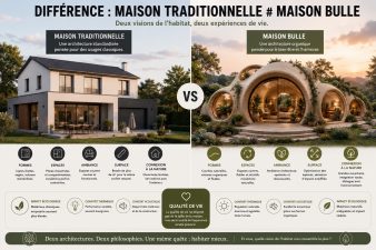 Comparaison entre une maison traditionnelle moderne et une maison bulle organique intégrée dans la nature