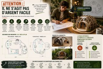 Plan de maison ronde GreenPod et maquette d’habitat organique illustrant l’apprentissage de l’auto-construction