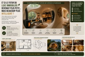 Micro-habitat organique GreenPod inspiré des maisons bulles avec intérieur immersif et architecture émotionnelle