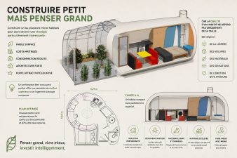 Plans et coupe architecturale d’un micro-habitat GreenPod optimisé avec aménagement compact et intelligent