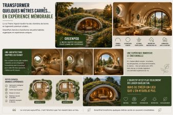 Micro-habitat organique GreenPod avec architecture inspirée des maisons bulles, intérieur immersif et toiture végétalisée