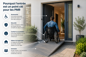 Entrée de maison accessible avec rampe PMR illustrant l’importance de l’autonomie et de la sécurité pour les personnes à mobilité réduite
