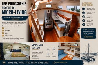 Intérieur minimaliste et optimisé d’un catamaran James Wharram inspiré du micro-living